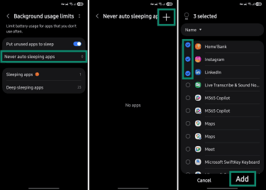 Background usage limits screen with “Never auto sleeping apps” selected.