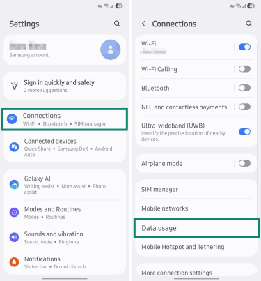 Phone connections list with data usage menu.