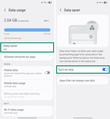 Enabling data saving for background apps.