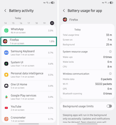 Viewing screen on and background battery use per app.