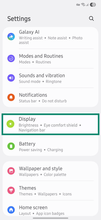 Android Display settings menu.