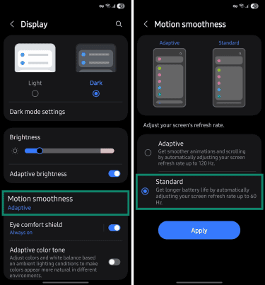 Motion smoothness display settings.