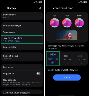 Android phone screen resolution options.