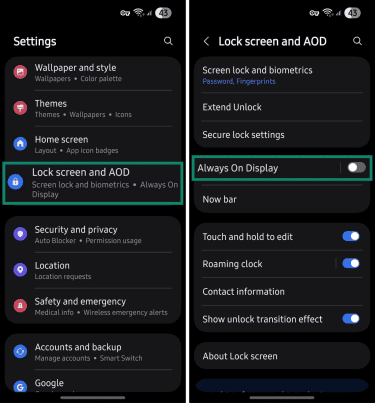 Lock screen and always on display settings menu.