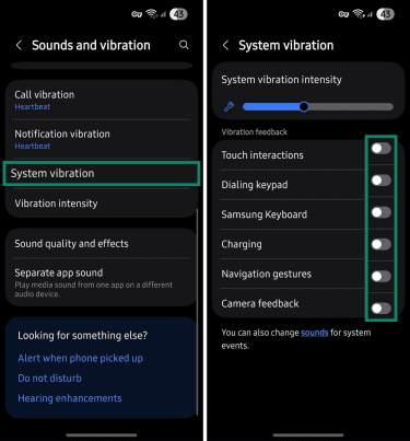 Disabling Android system vibration for keyboards and touch interactions.
