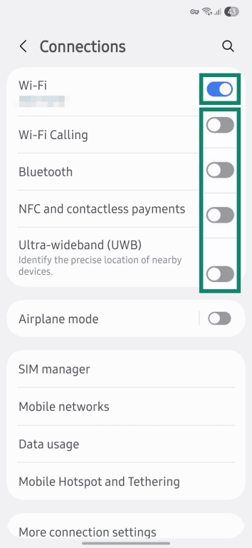 Connection settings menu.