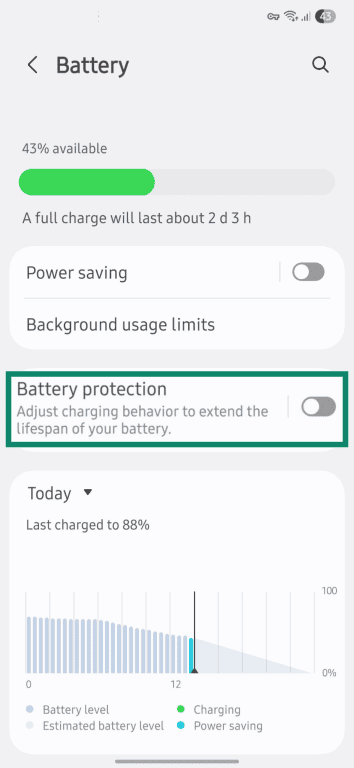 Battery protection settings menu.
