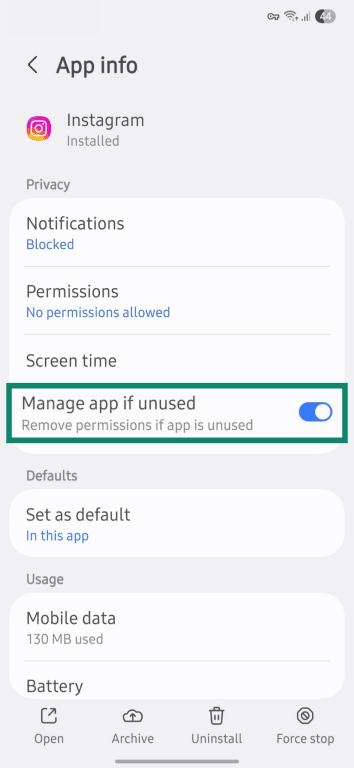 Unused app settings to remove permissions and background activity.